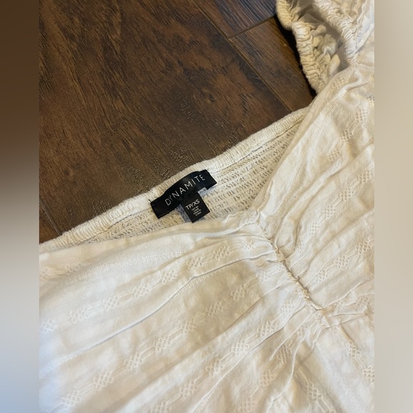 Dynamite white linen XS puffy shoulders crop top 3/4 length sleeves boho core - Picture 3 of 5